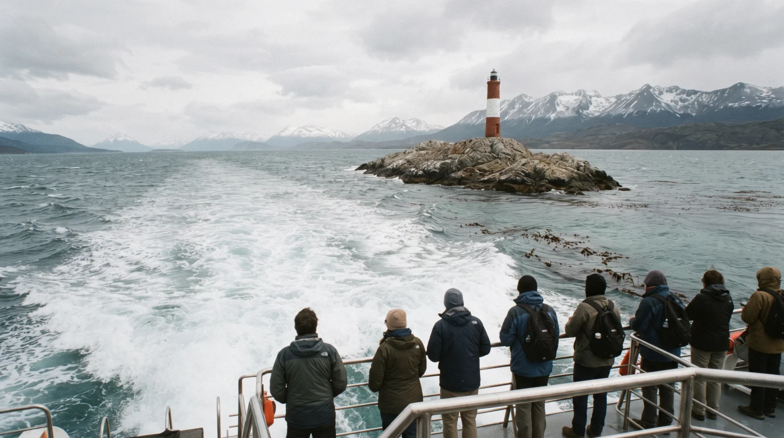 A white catamaran crossing the beagle channel past rocky islets near Ushuaia, Argentina