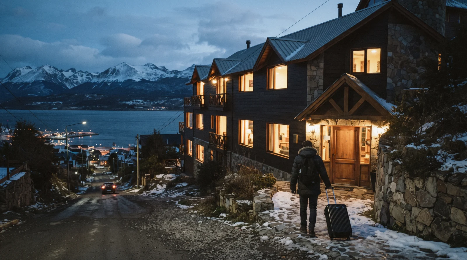 Ushuaia hotels and apartment blocks climbing the hillside above the Beagle Channel in Tierra del Fuego, Argentina