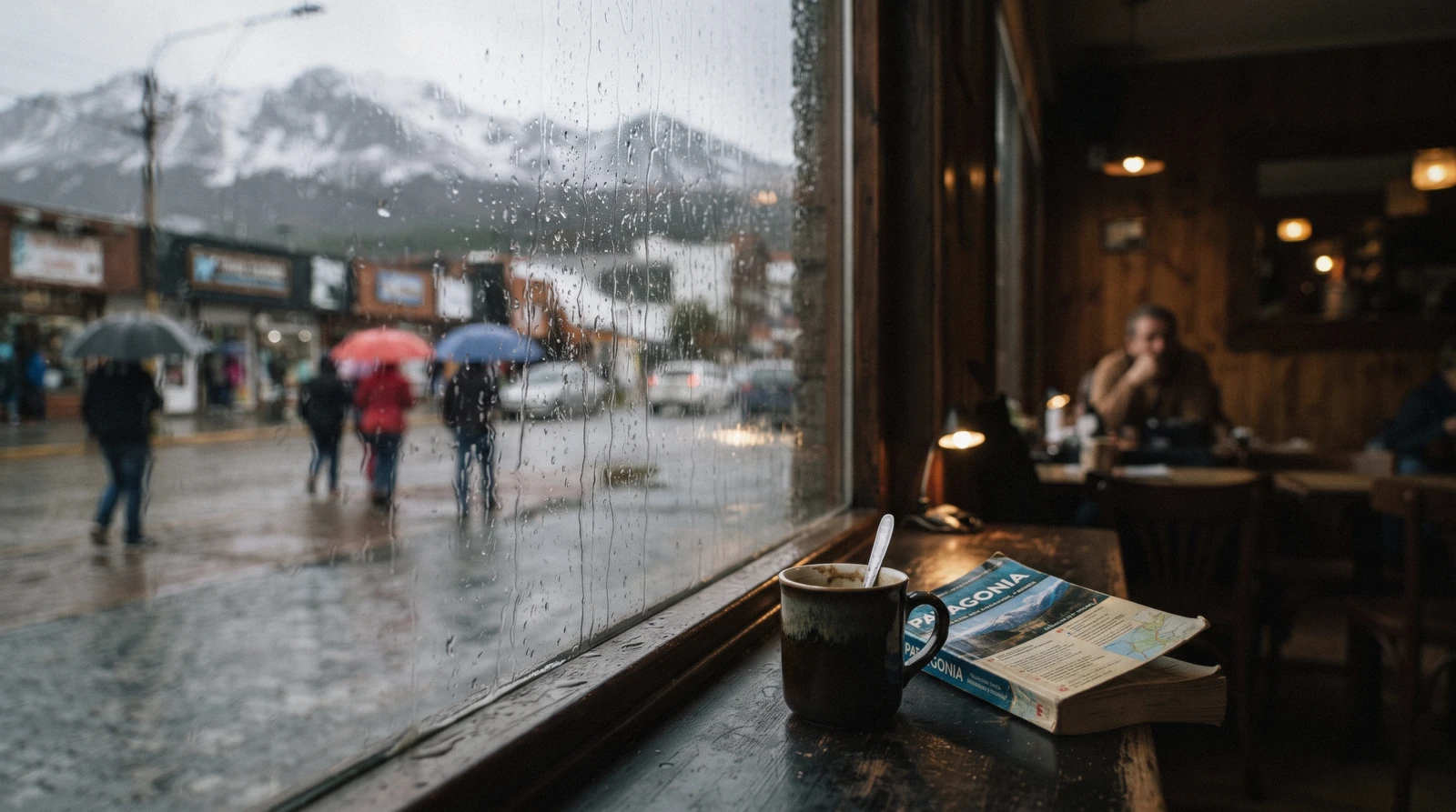 Rain clouds over the port and corrugated rooftops of Ushuaia on a grey rainy day in Ushuaia, Tierra del Fuego, Argentina