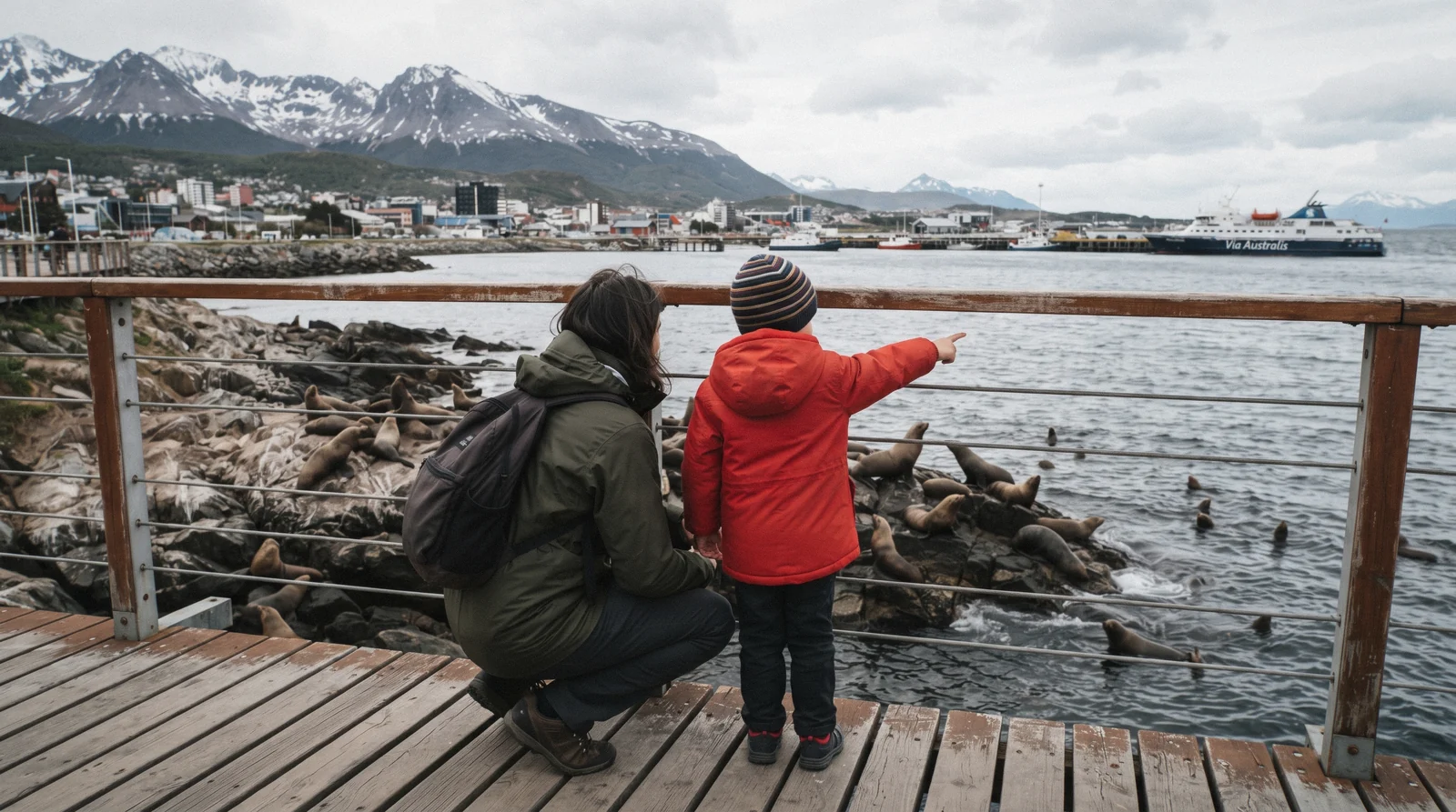 A family in warm jackets watching sea lions from a catamaran railing on the Beagle Channel, the trip most visitors pick for Ushuaia with kids