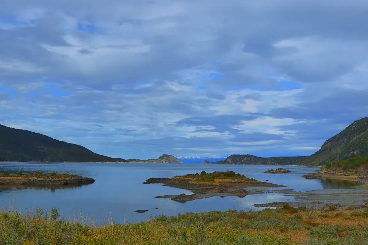 The islands and forested shoreline of Lapataia Bay in Tierra del Fuego National Park near Ushuaia, Argentina